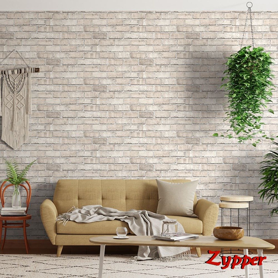 Sala decorada com papel de parede de tijolinhos claros